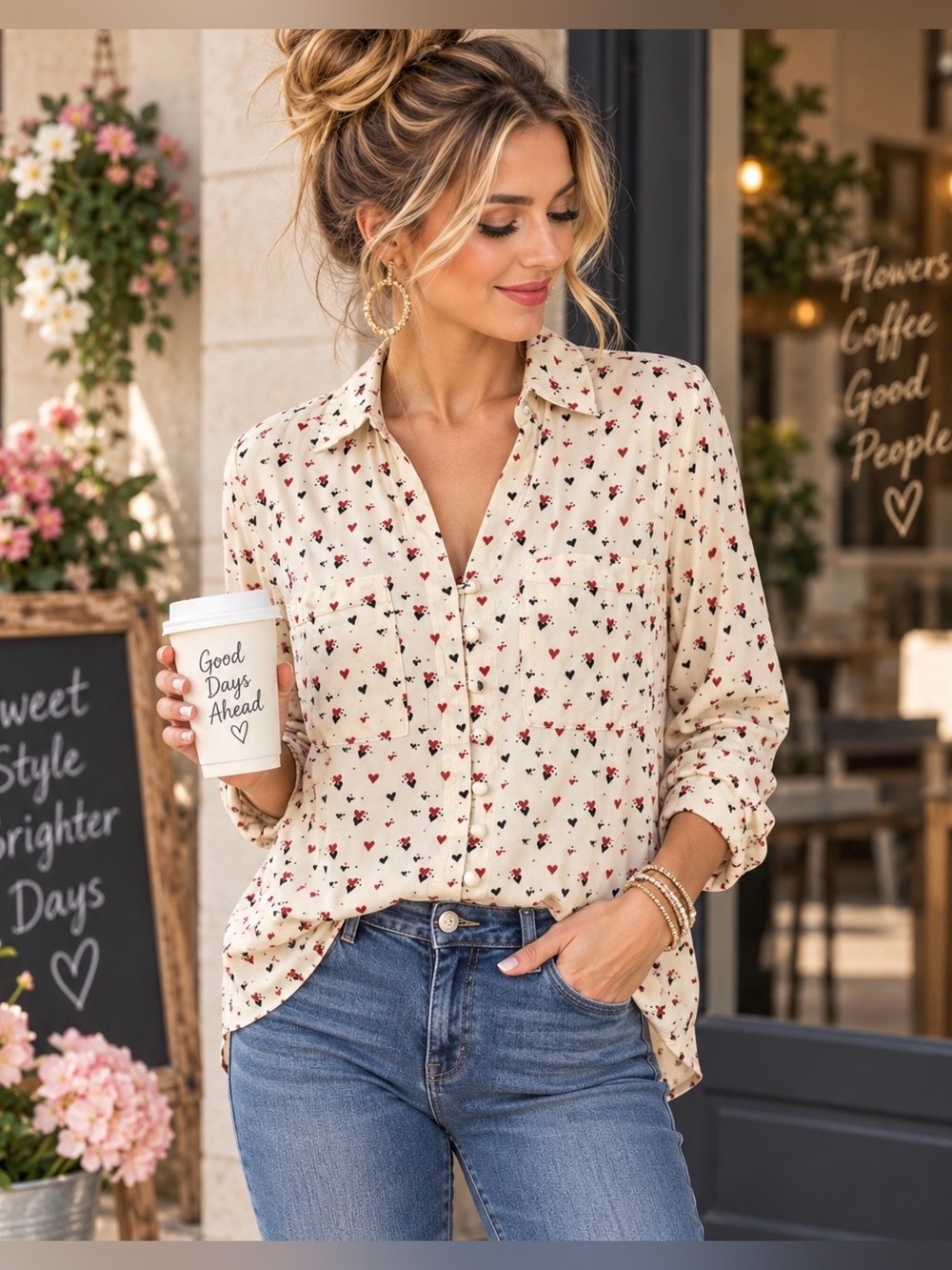 Velvet Heart Medium Cream Red Black Heart Print Button Down Blouse Romantic